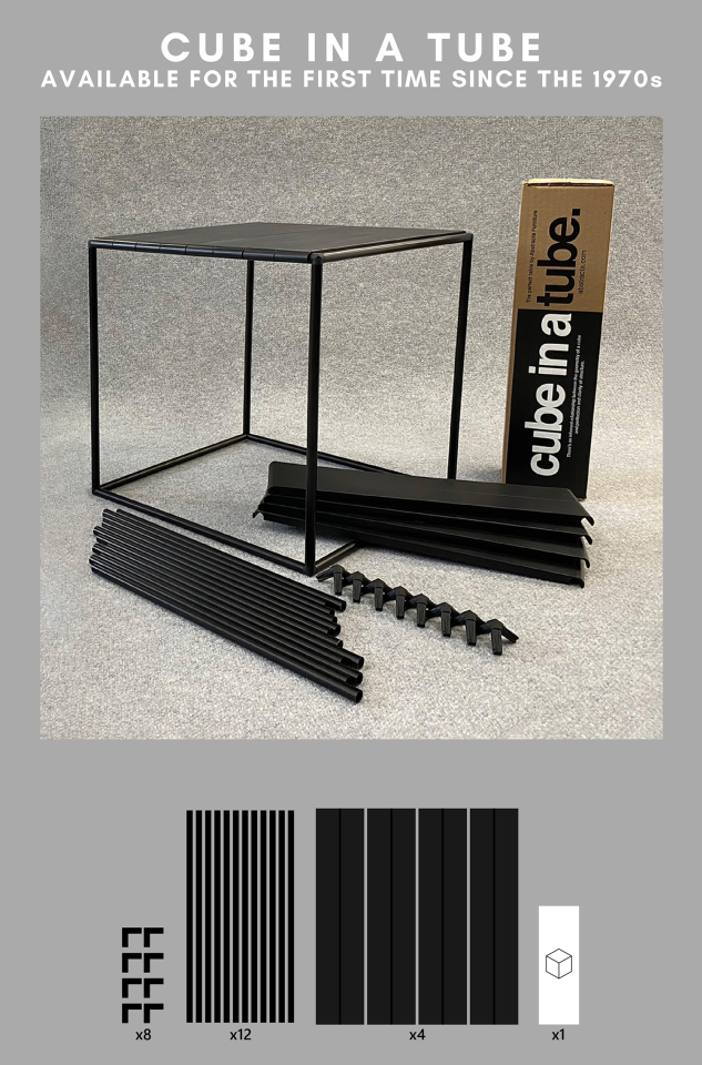 Cube in a Tube picture detailing what comes in kit (connectors, tubes and slats)