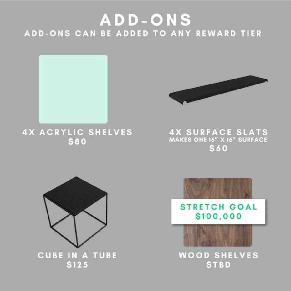 Cubitz Kitz Add-On items displays include; Acrylic Shelving, surface slats, cube in a tube, wood tops (TBD)